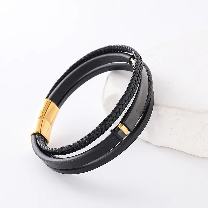 Hip-Hop Double Ring Leather Plating Men's Bracelets