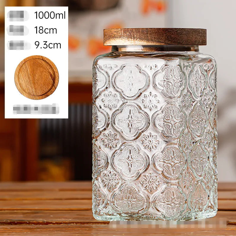 Glass Embossed Glass Sealed Jar Square Storage Jar Snack Dried Fruit Storage Jar Kitchen Household Glass Jar Vintage
