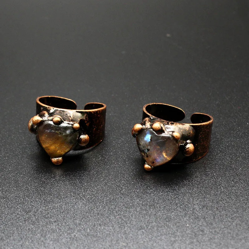 Elegant Retro Printing natural stone Copper Natural Stone Open Rings In Bulk