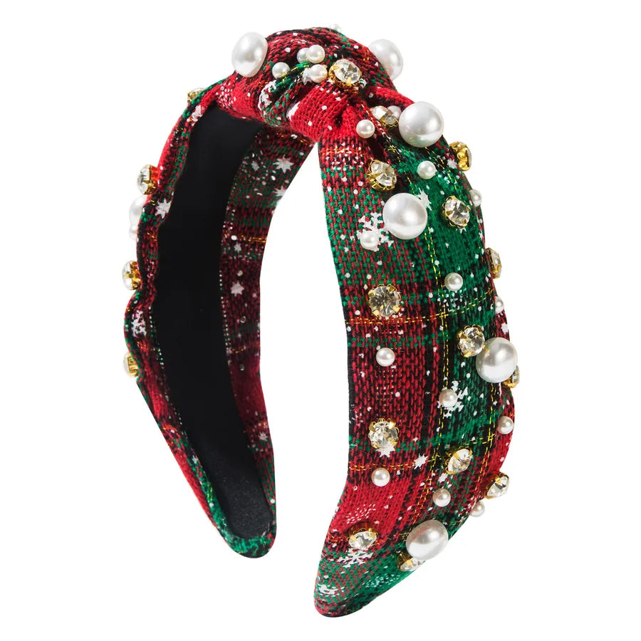 Creative Christmas Series Headband Color Block Plaid Fabric Knot Wide Edge Pearl Embedded Fashionable Women's Hair Accessories