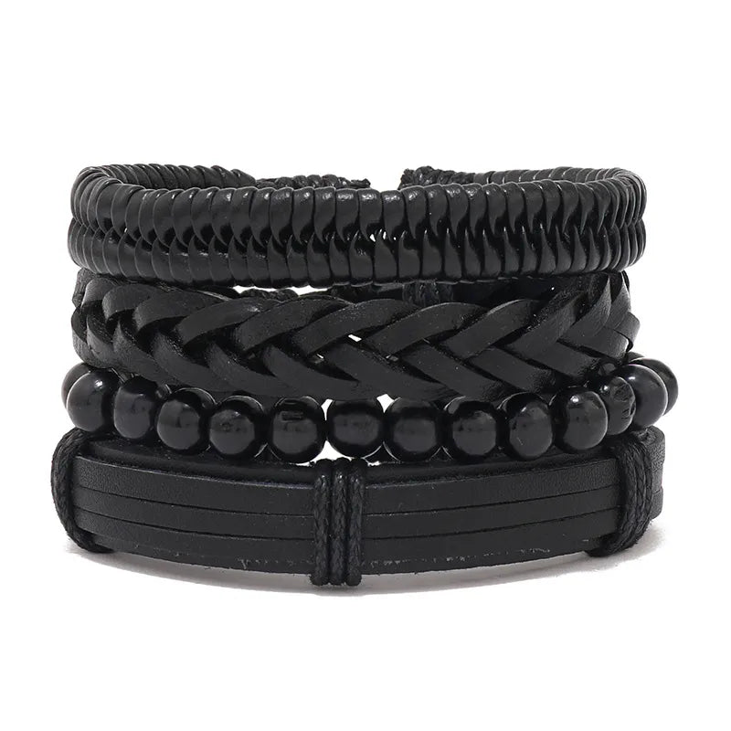 fashion cross letter pu leather beaded unisex bracelets 4 pieces