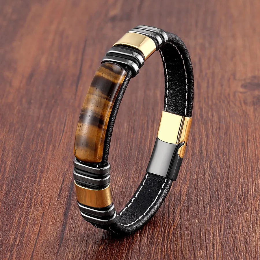 hip-hop punk rectangle pu leather stone metal handmade metal button men's bracelets