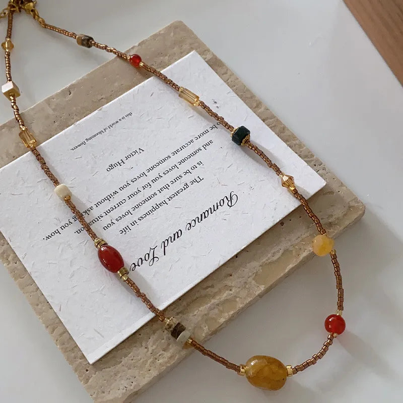Retro Japanese Style Geometric natural stone Freshwater Pearl Agate Pendant Necklace In Bulk