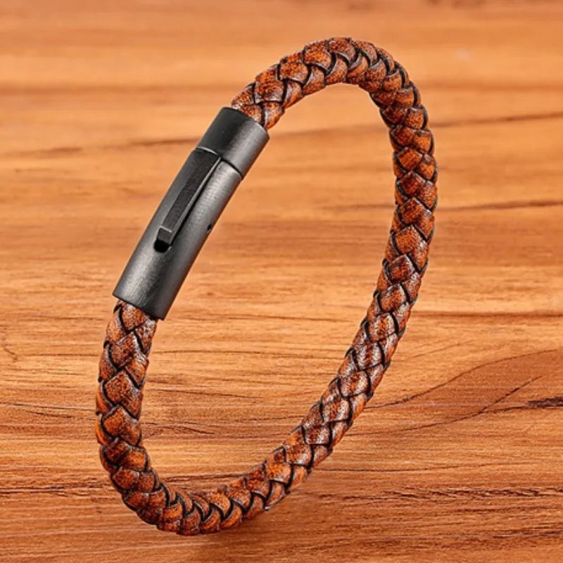 Hot  Fashion Woven Bracelet Magnetic Snap Buckle Leather Rope Bracelet Trendy Men Punk PU Leather Bracelet