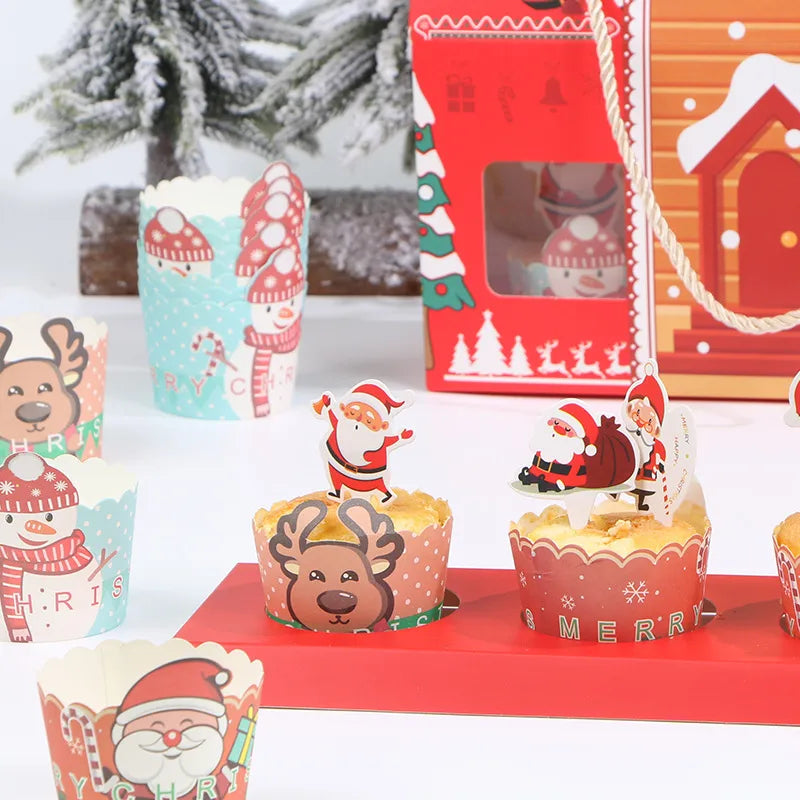 Christmas Theme Cake Cup Maker Thickened Muffin Cup Deer Round Cake Cup Heat Resistant Durable Cup 50 Pieces Baking Packaging