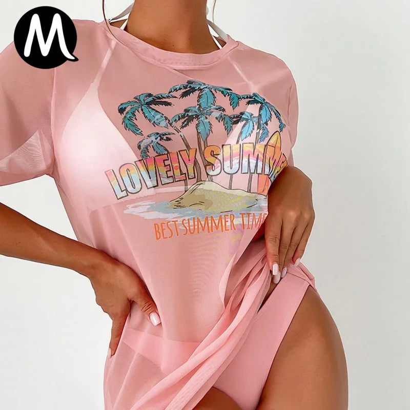 Women's Vacation Letter Coconut Tree 3 Pieces Set Bikinis Swimwear