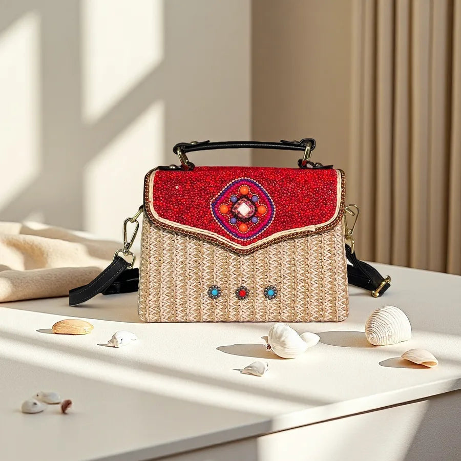 Bohemian Style Rice Bead Rattan Crossbody Bag, Lightweight, Can Hold Mobile Phone, Keys, Lipstick, Holiday Style Handbag