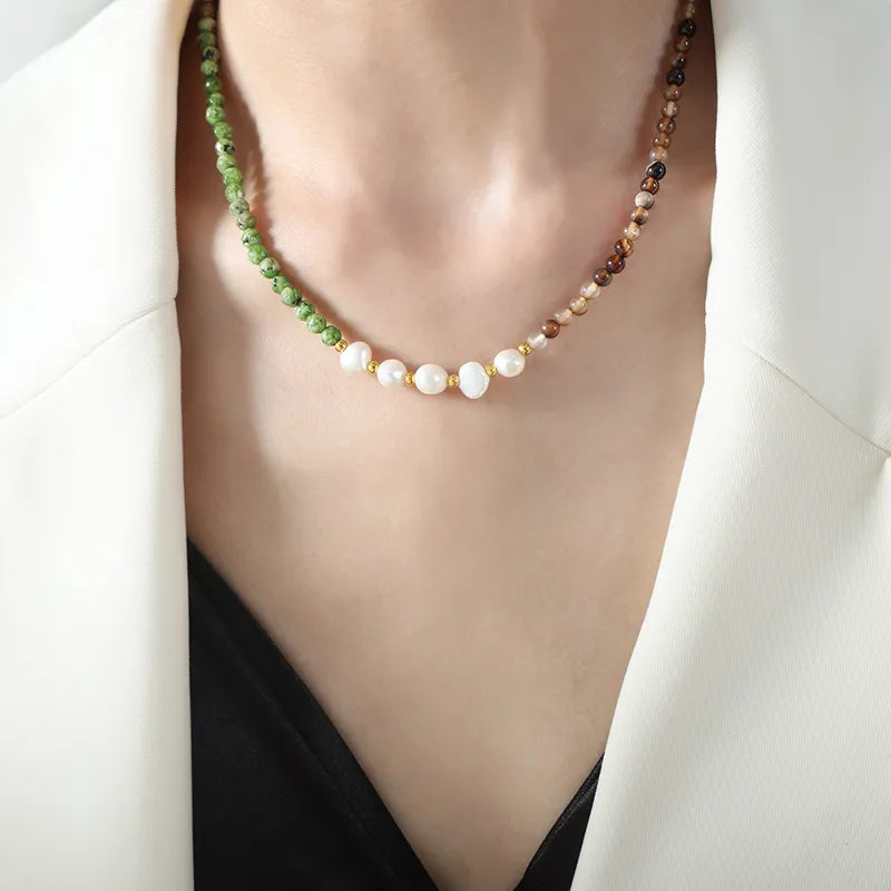 elegant color block natural stone freshwater pearl turquoise  beaded plating 18k gold plated necklace