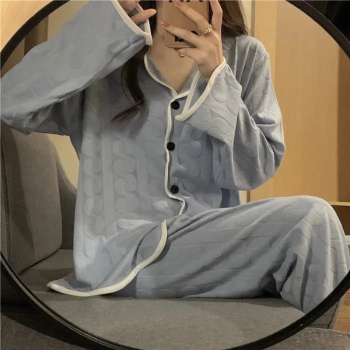 Spring Autumn Women's Long Sleeve Thin Casual Comfortable Home Clothes Set Polyester Milk Silk Medium Weight Sleepwear
