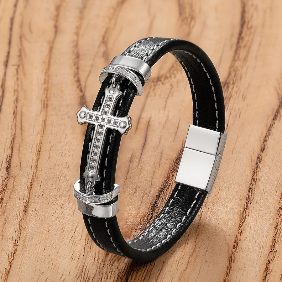 New Men's Fashion Stainless Steel Cross Shelf Accessories Bracelet Personality Woven Leather String Bracelet Ornament Wholesale