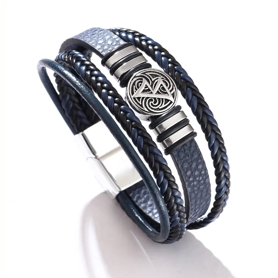 casual totem symbol pu leather alloy knitting men's wristband