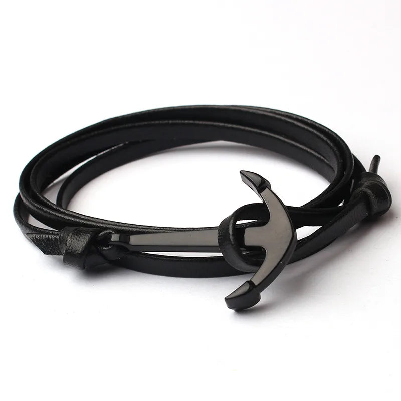 retro ethnic style anchor alloy leather rope polishing plating men's bracelets