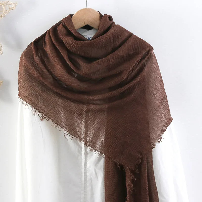 Hot selling solid color pleated cotton and linen scarf  women's bag headscarf crumpled hair fringe bubble scarf women's scarf cover head