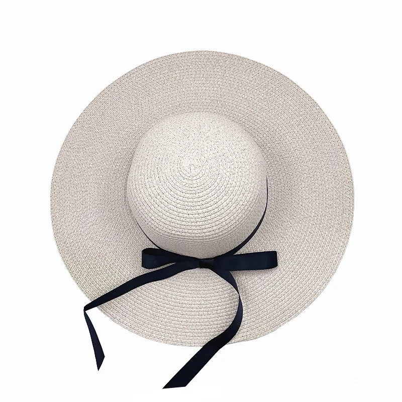 women's vacation solid color bowknot big eaves straw hat