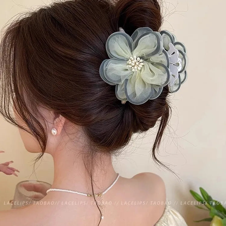 Summer High-End Tea Flower Hair Clip Women's Shark Bite Headwear Forest System Mesh Hair Accessories Vacation Style Hairpin