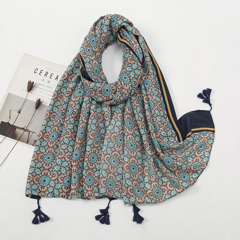 women's retro color block polyester printing scarf