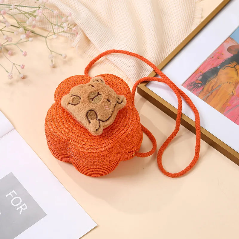 Summer Woven Bag  New Children's Cute Capibala Seaside Vacation Straw Woven Bag Crossbody Coin Purse