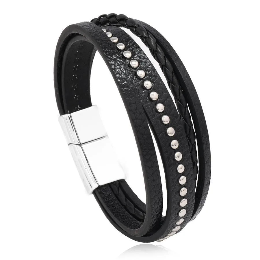 Retro Punk Solid Color Pu Leather Alloy Knitting Men's Bracelets Men Cord & Leather Bracelets