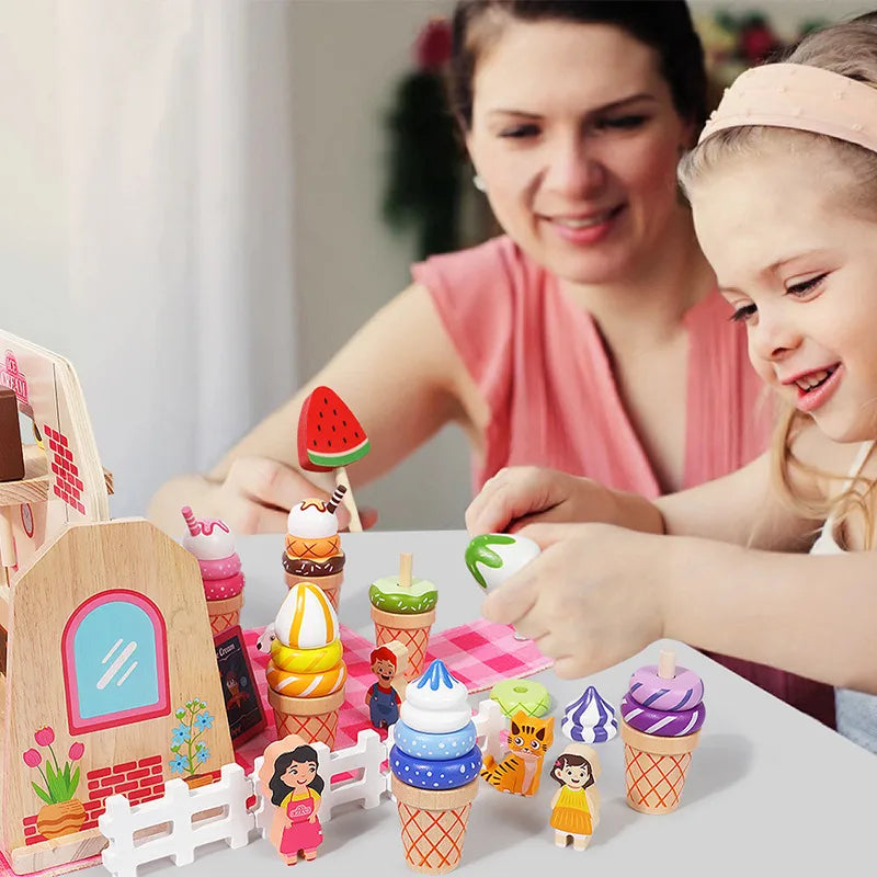 Children's Wooden Afternoon Tea Ice Cream Dessert Simulation Tea Set Handheld Box Baby House Role Play Educational Toys