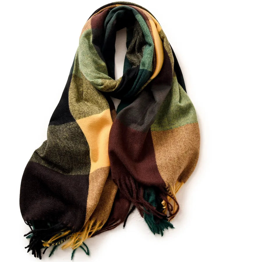 women's retro plaid imitation cashmere tassel winter scarves