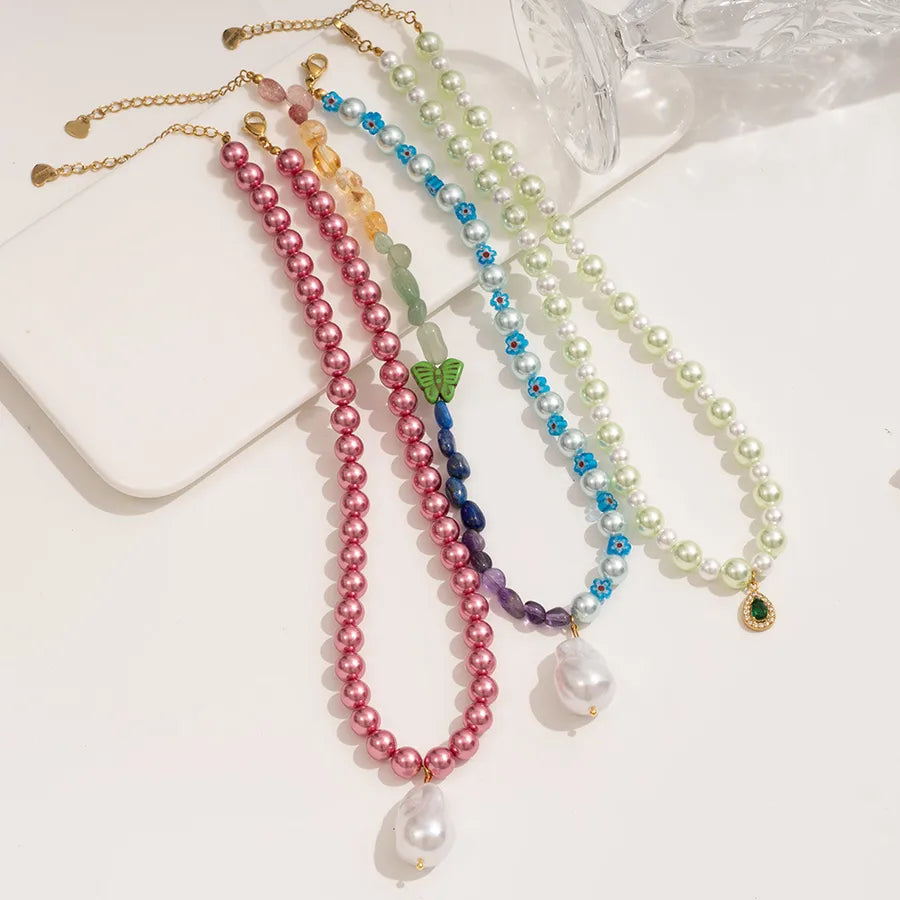 Vacation Classic Style Water Droplets Imitation Pearl Titanium Steel Beaded Chain Beaded Necklaces Wholesale