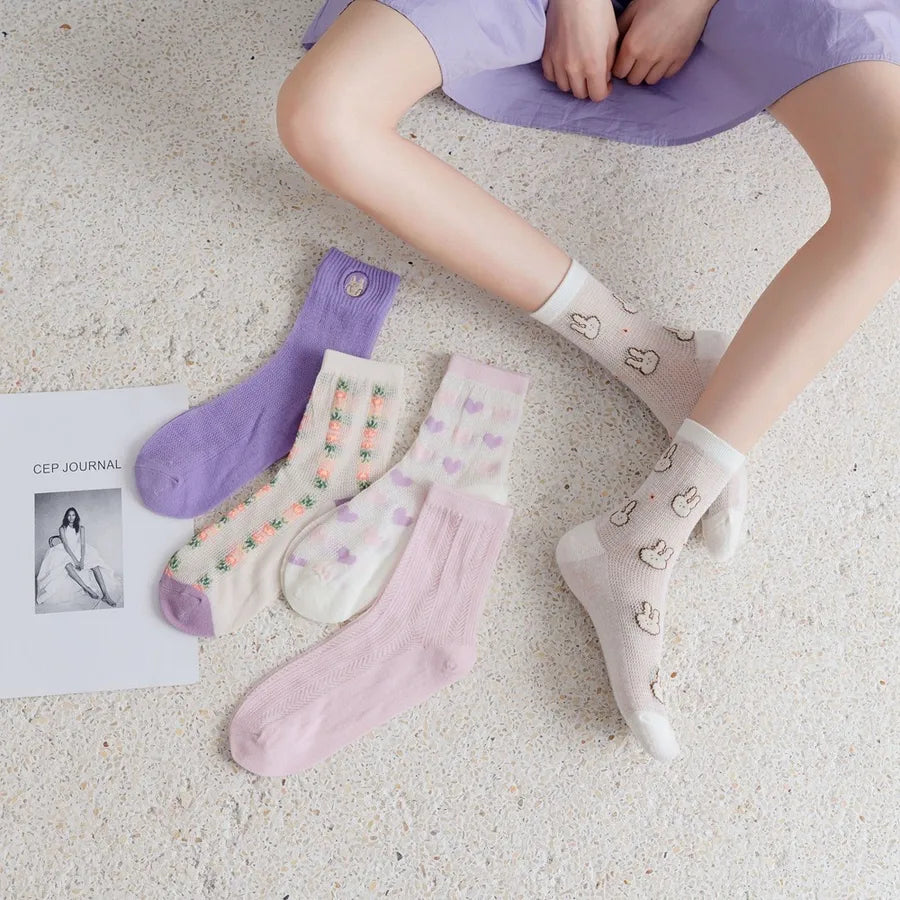 5 Pairs Cute Modern Style Women's Cherry Flower Cotton Crew Socks