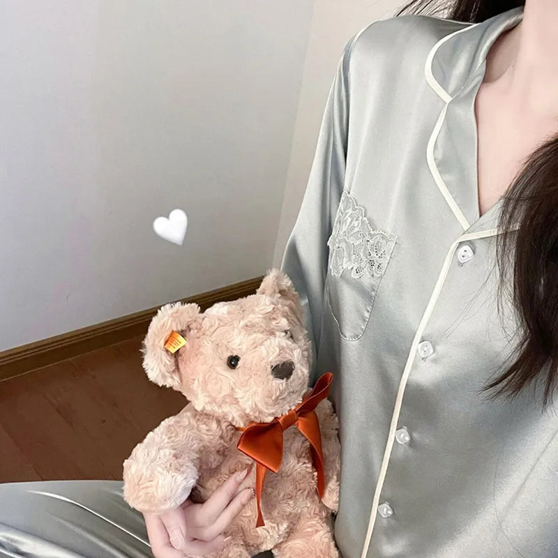 Pure Color Lace Splice Smooth Ice Silk Sleepwear Set Women Long Sleeve Long Pants Two Piece Set High-End Sensation Home Clothes