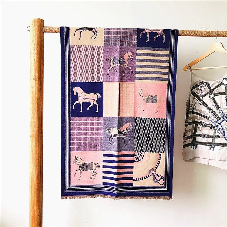 women's retro color block imitation cashmere printing scarf
