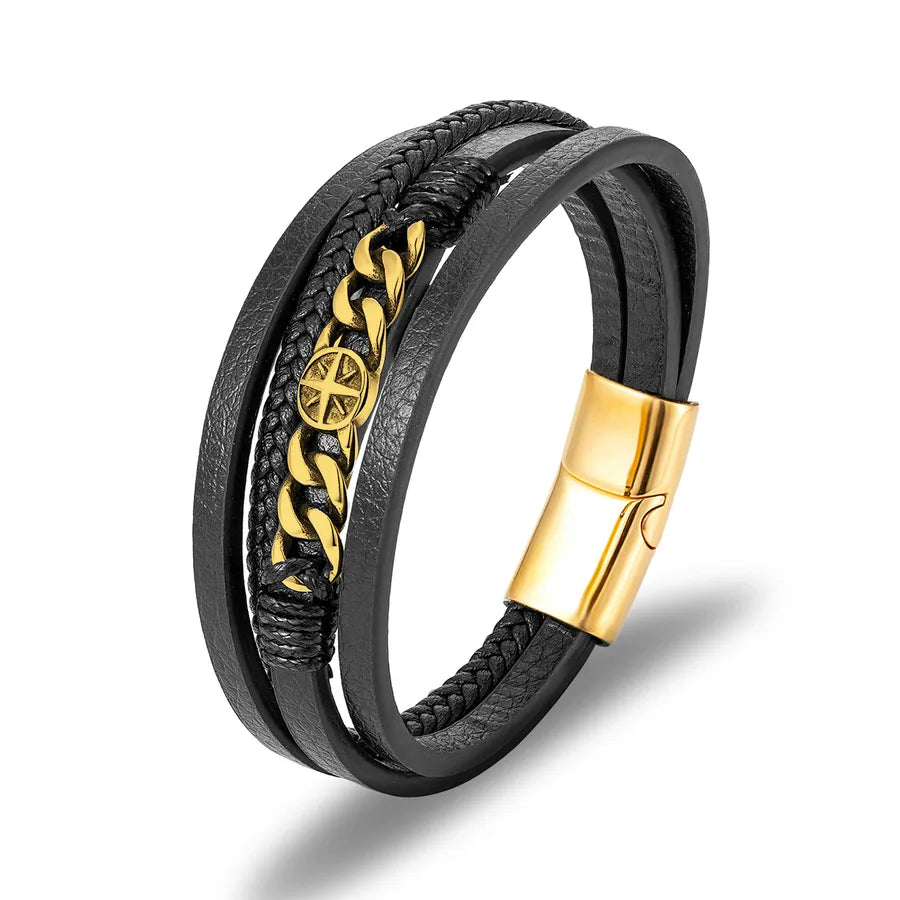 Retro Punk Geometric Pu Leather Titanium Steel Men's wristband Men Cord & Leather Bracelets