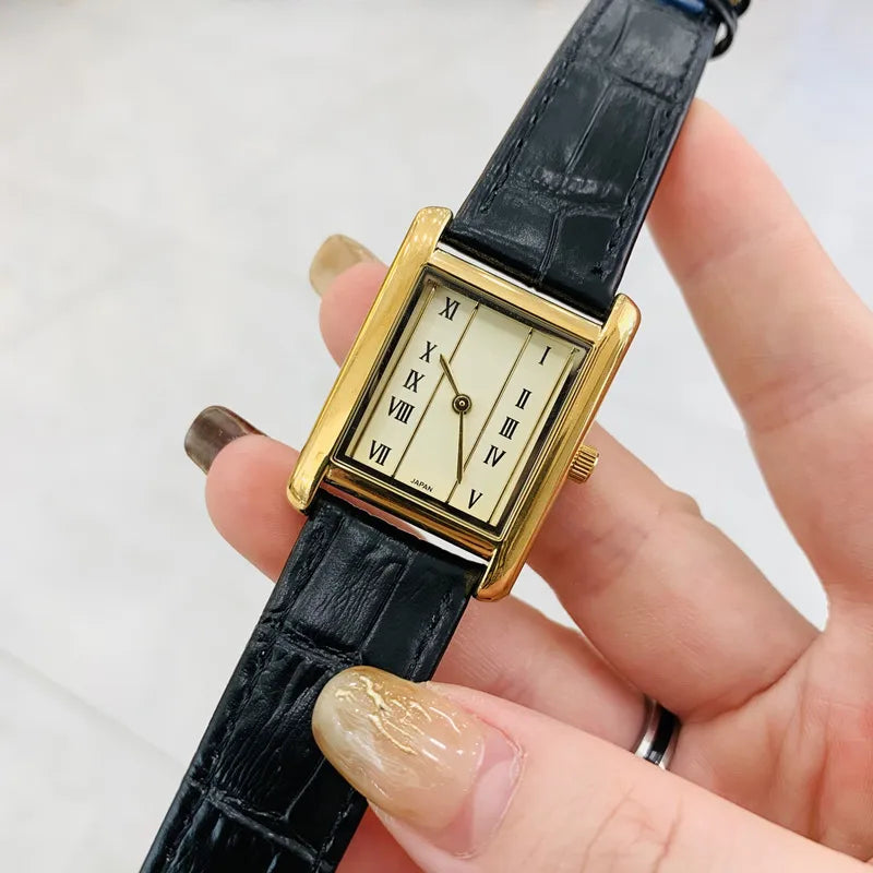 Gold Roman Scale Rectangular Vintage Style Women's Quartz Watch Stainless Steel Band Mineral Glass Face Pin Buckle Clasp