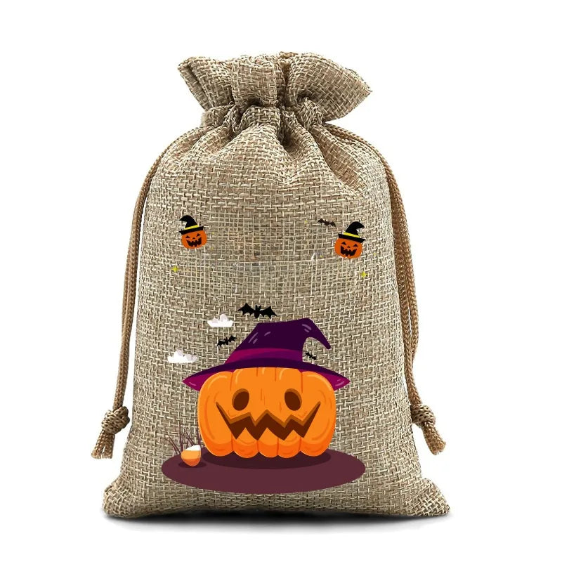 2025 New Halloween Linen Drawstring Gift Bag Pumpkin Shaped Sealed Mouth Bag Cartoon Style Heat Transfer Process Ladies Handbag