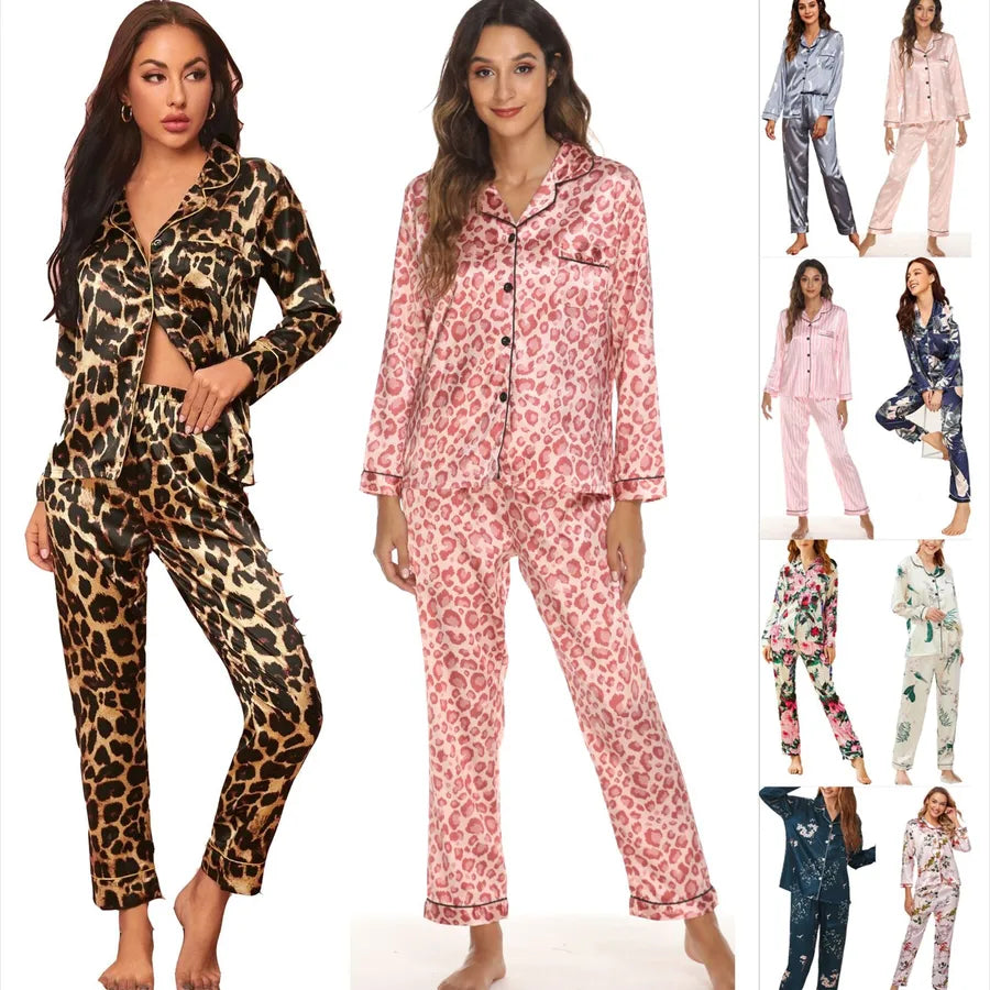 women's fashion leopard imitated silk polyester pants sets