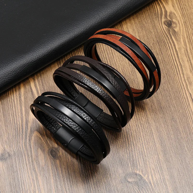 Factory Direct Sales  Hot Stainless Steel Leather Cord Bracelet Men's Magnetic Buckle Multilayer Simplicity Woven Leather Bracelet