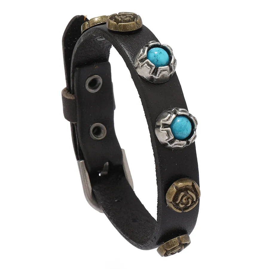Retro Simple Style Flower Pu Leather Inlay Turquoise Unisex Bangle