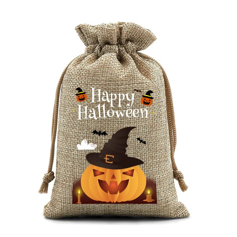 2025 New Halloween Linen Drawstring Gift Bag Pumpkin Shaped Sealed Mouth Bag Cartoon Style Heat Transfer Process Ladies Handbag
