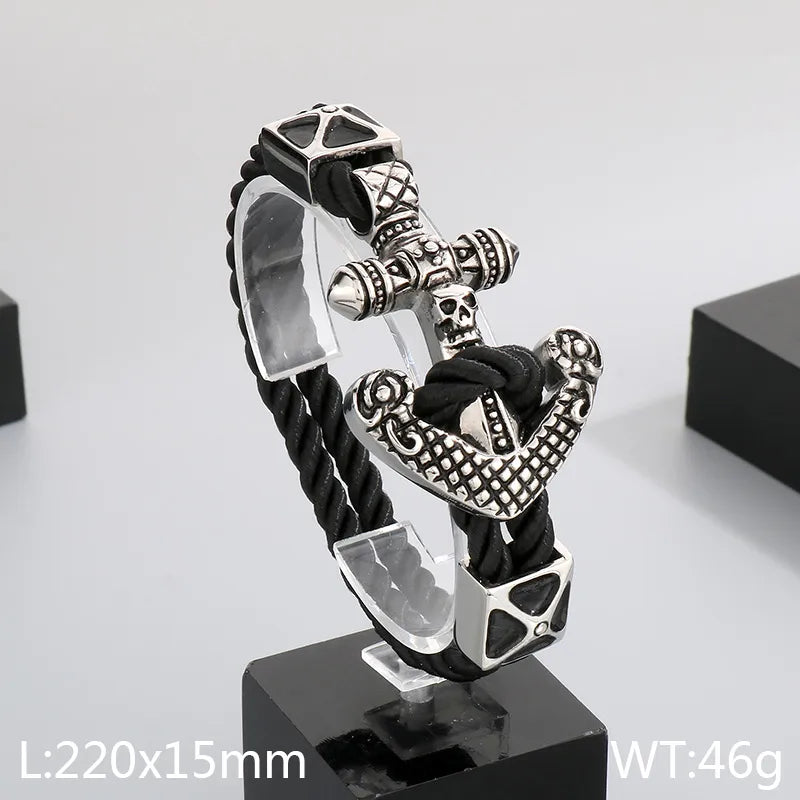 Hip-Hop Retro Anchor Skull 304 Stainless Steel Leather rope Halloween Men's Bracelets