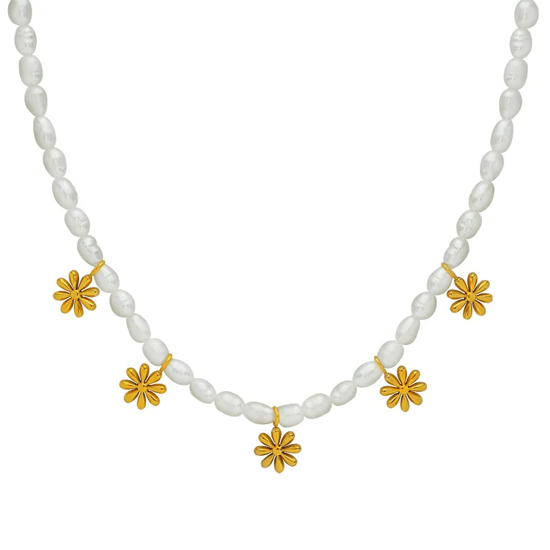 elegant chrysanthemum freshwater pearl titanium steel beaded plating 18k gold plated necklace