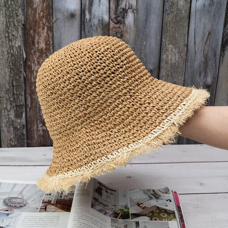 women's vacation solid color flat eaves straw hat
