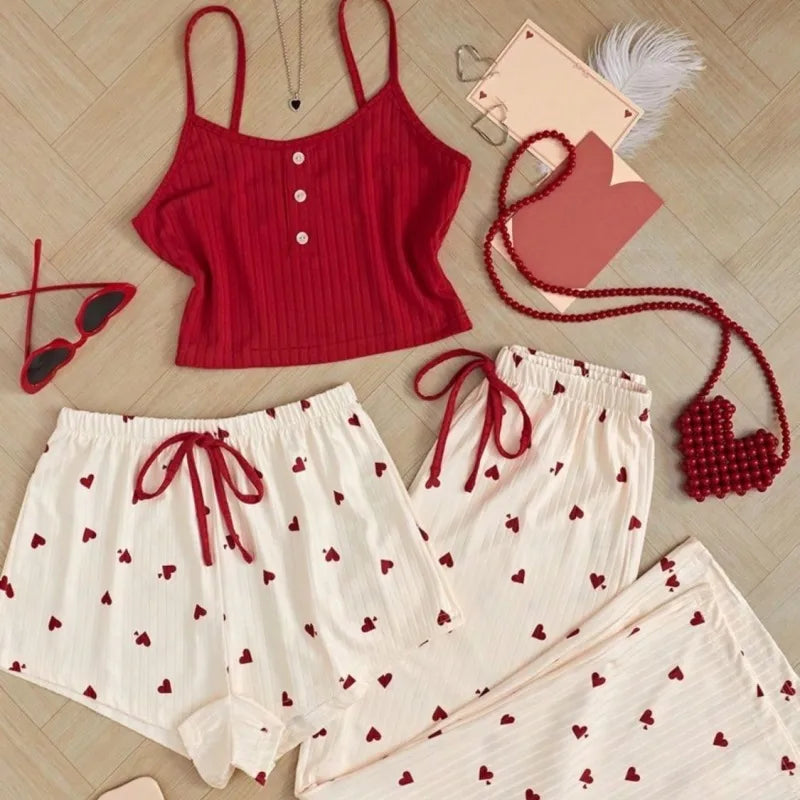 New Heart Shaped Women's Sleepwear Set Cute Summer Home Clothes Three Piece Sweet Style Comfortable Sexy V Neck Sleeveless