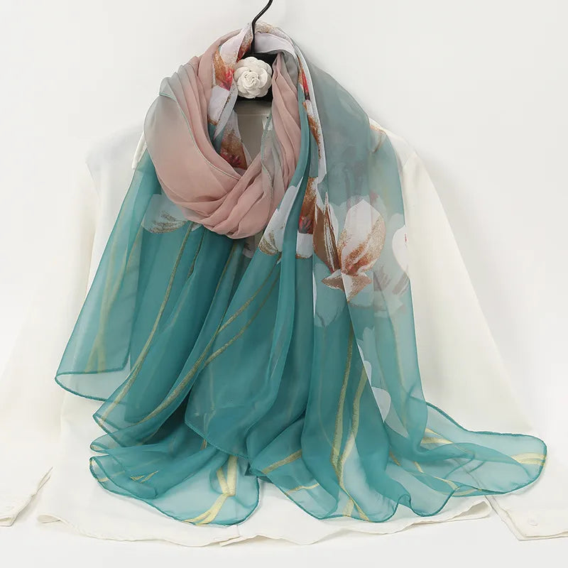 women's elegant lady color block high quality yarn printing silk scarf