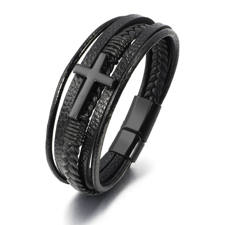 ethnic style cross pu leather braid men's wristband