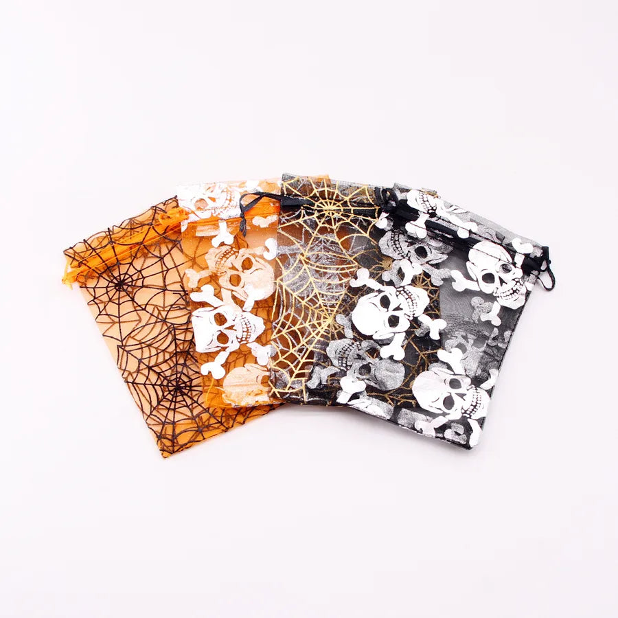 Halloween Candy Storage Bag Drawstring Golden Embossed Spider Web Jewelry Bag Gift For Halloween Cloth Material