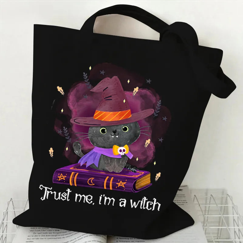 Halloween Printed Canvas Bag Single Shoulder Foldable Handbag Shopping Bag Large Size Square Shape Tote Bag With Double Strap