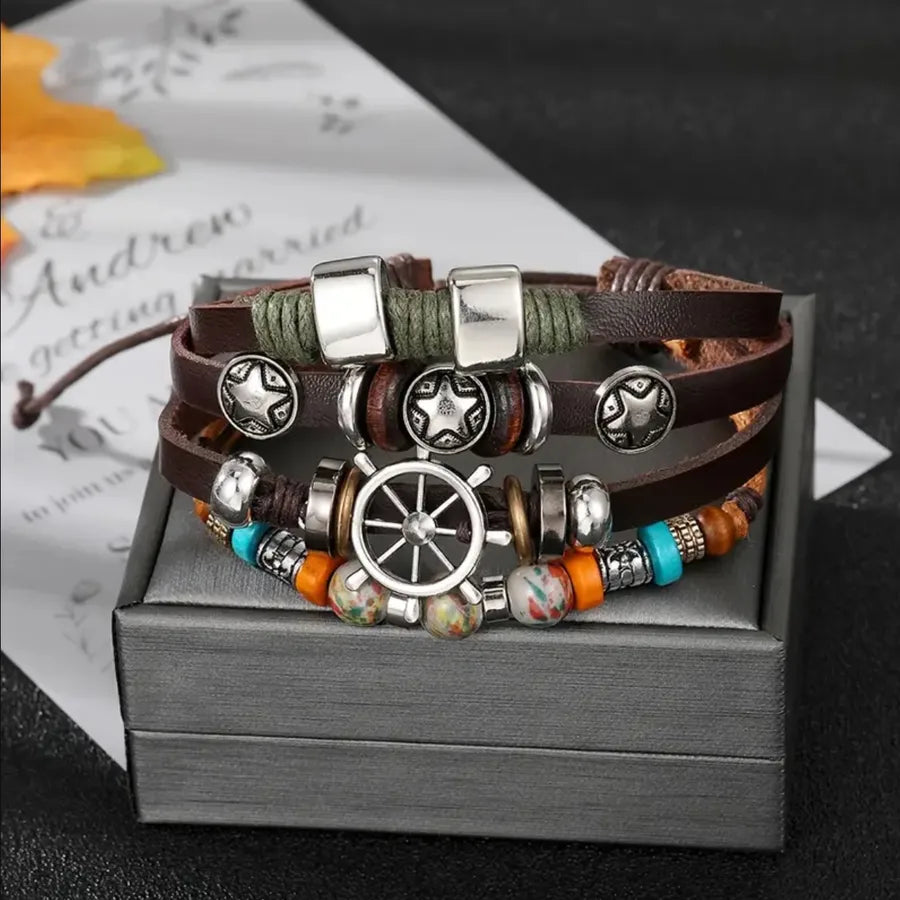 retro handmade color block pu leather alloy wooden beads beaded handmade braid silver plated men's drawstring bracelets