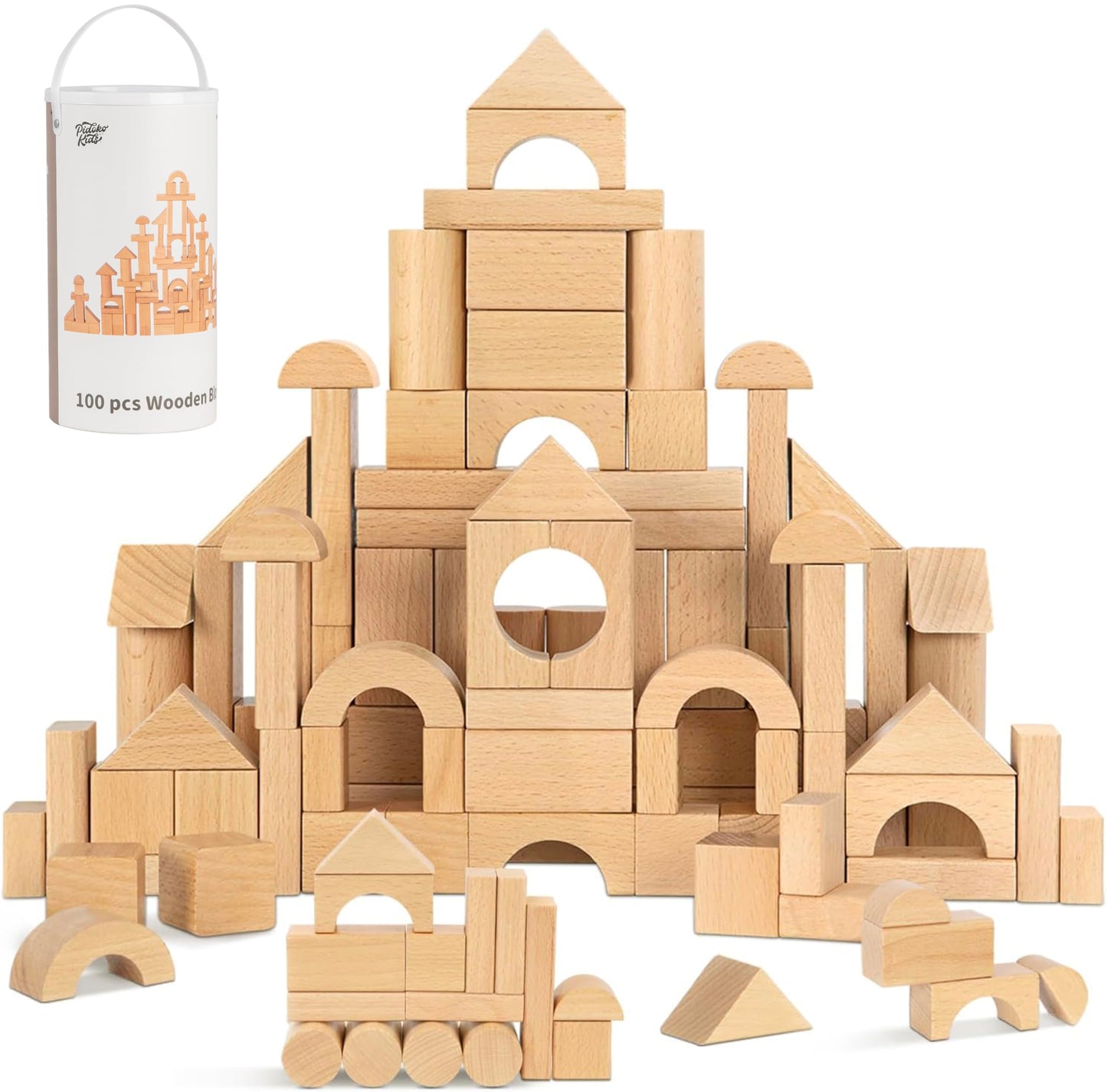 Pidoko Kids 100pc Beech Wood Blocks – Montessori Toddler Building Set with Storage Bucket