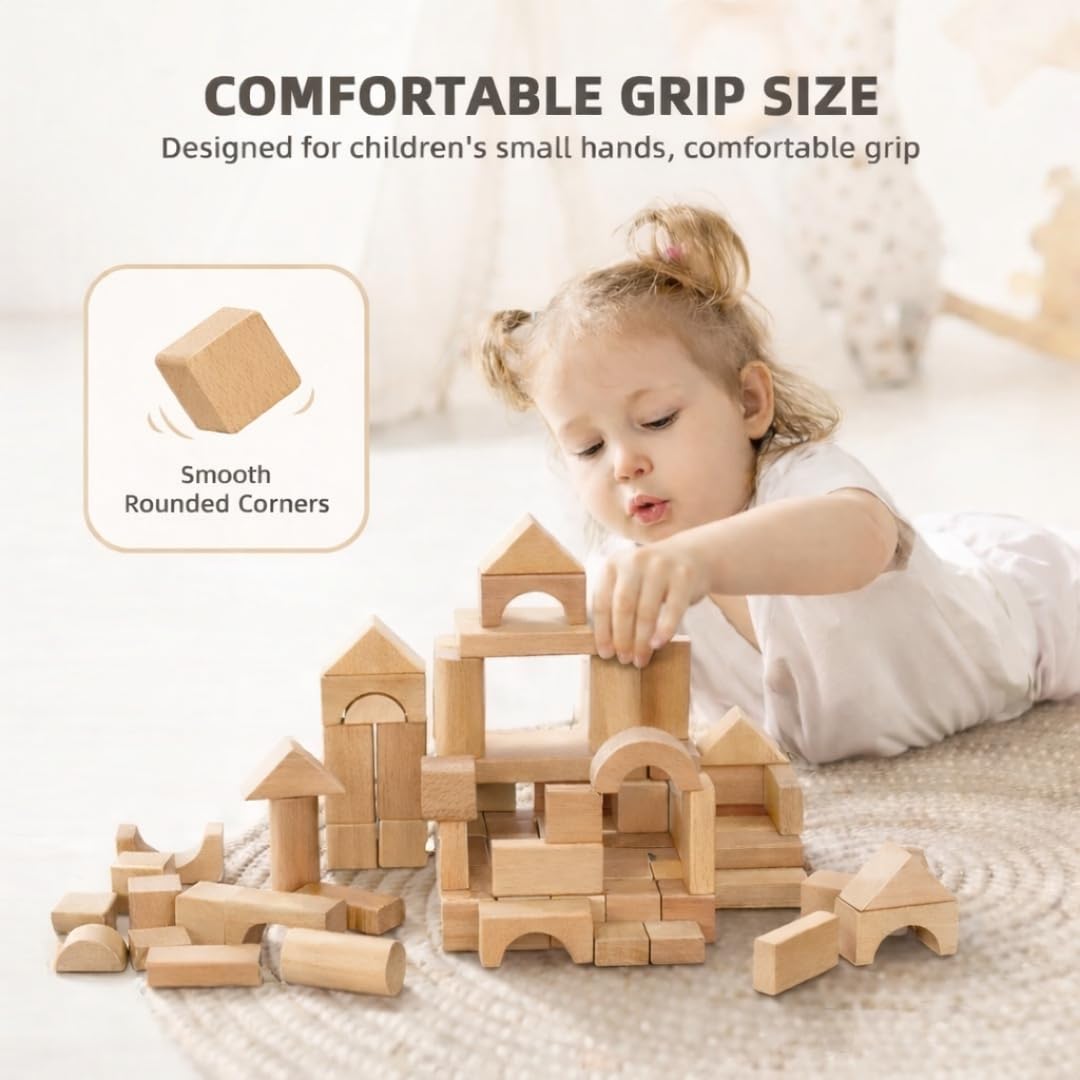 Pidoko Kids 100pc Beech Wood Blocks – Montessori Toddler Building Set with Storage Bucket