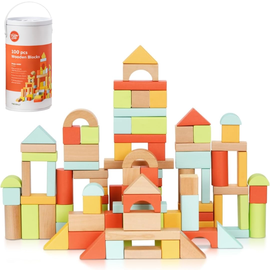 Pidoko Kids 100-Piece Wooden Building Blocks for Toddlers (1-3) | Storage Bucket & Shape Sorter Lid