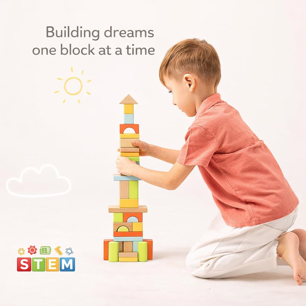 Pidoko Kids 100-Piece Wooden Building Blocks for Toddlers (1-3) | Storage Bucket & Shape Sorter Lid