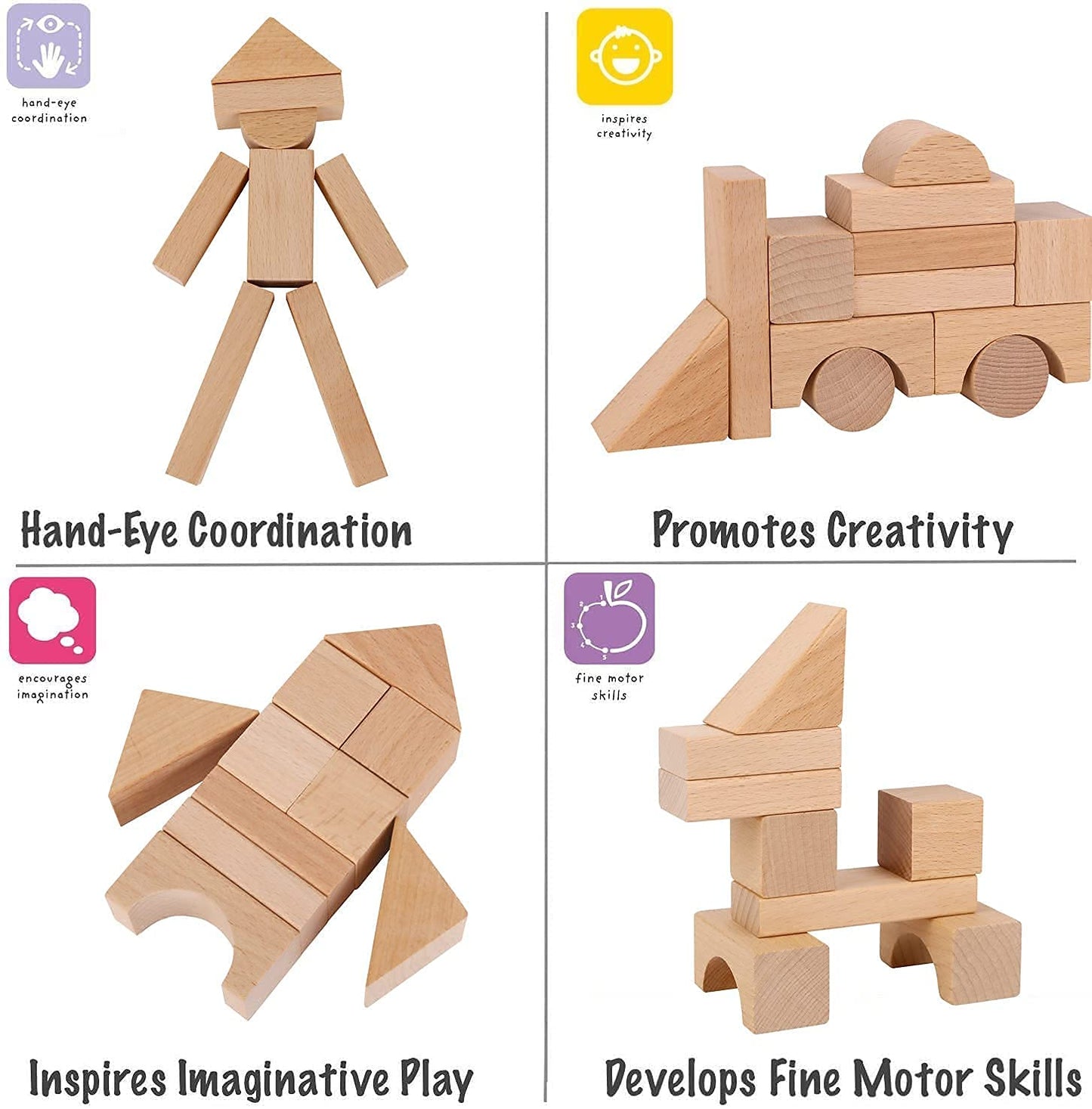Pidoko Kids Wooden Blocks – 100 Pcs with Storage Container & Shape Sorter Lid | Beech Wood Preschool Blocks