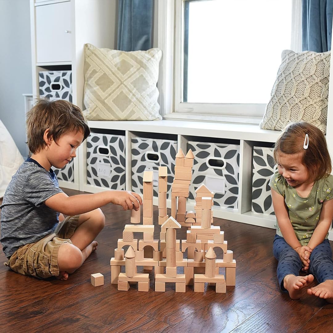 Pidoko Kids Wooden Blocks – 100 Pcs with Storage Container & Shape Sorter Lid | Beech Wood Preschool Blocks